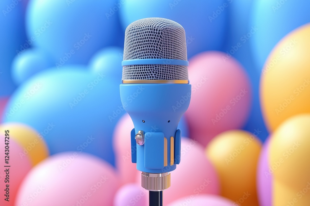 Poster a blue microphone with a mesh head stands in front of a colorful background of soft, round shapes in