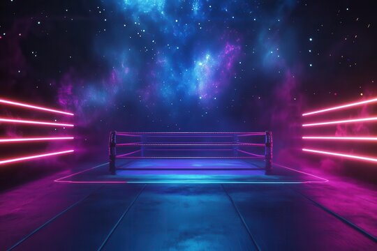 futuristic holographic boxing ring floating in cosmic void, neon energy barriers, ethereal light streams, dramatic spotlights