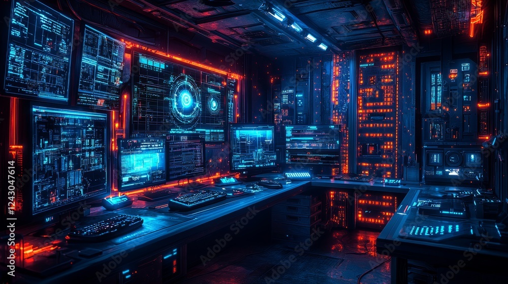 Poster a futuristic defense system that shields a cluster of computers from digital dangers, with a sci-fi 