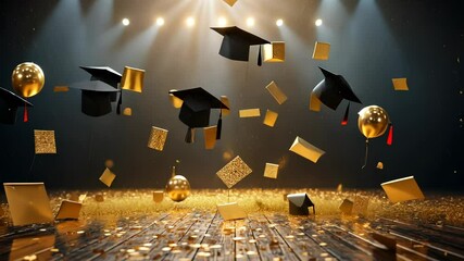 Golden balloons and confetti falling on a stage during graduation ceremony with teachers sitting in the background copy space for your text - video 4K - Powered by Adobe