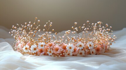 A sophisticated white and gold flower crown on a white stage, wonderfully fitting for weddings or memorable events