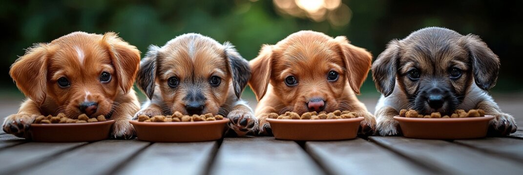 Eager puppies gather around the food bowl, filled with joy for domestic pets, showcasing breed-specific nutrition in a panoramic view with room for text