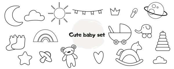 Cute newborn baby scribble doodle icons set. Hand drawn childish funny simple vector illustrations with sun, stars, clouds, toys, baby stroller, pacifier, booties