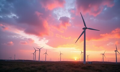 Obraz premium Eco-facilities in a tech park with towering wind turbines against a cloudy yet vibrant sky