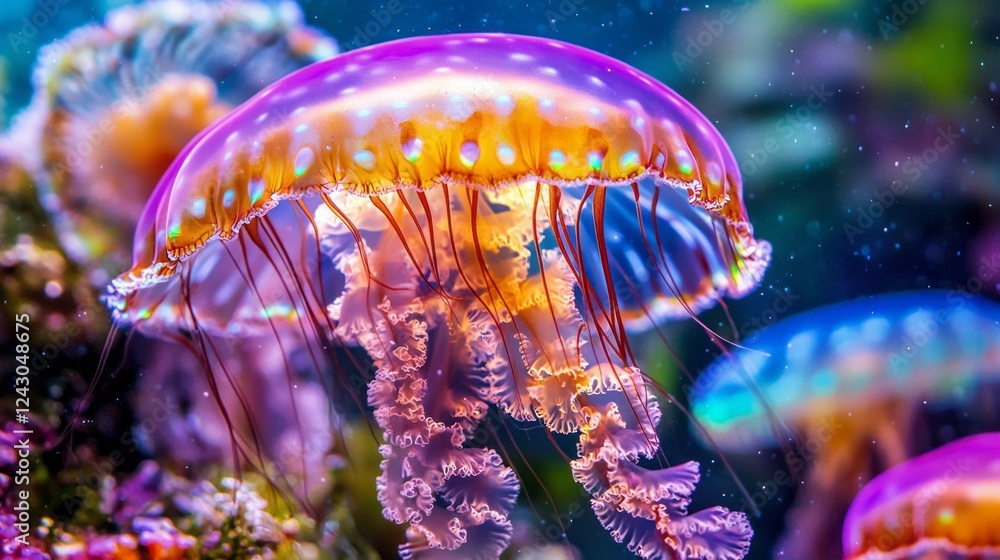 Poster softly illuminated by dappled light, the jellyfish sways elegantly, showcasing its delicate tentacle