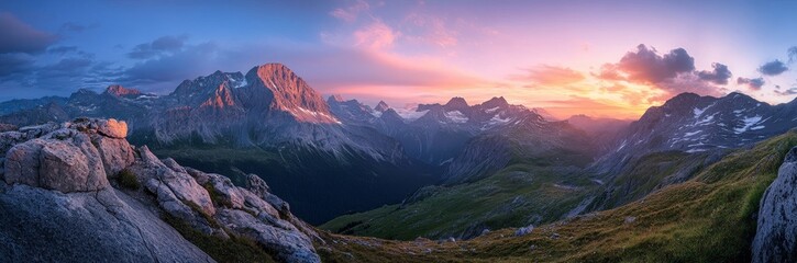Mountaintop Sunset Panorama Alpine Peak, Golden Hour, Dramatic Sky, Travel Poster