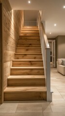 Obraz premium Elegant wooden staircase interior design modern home calm eye-level minimalism