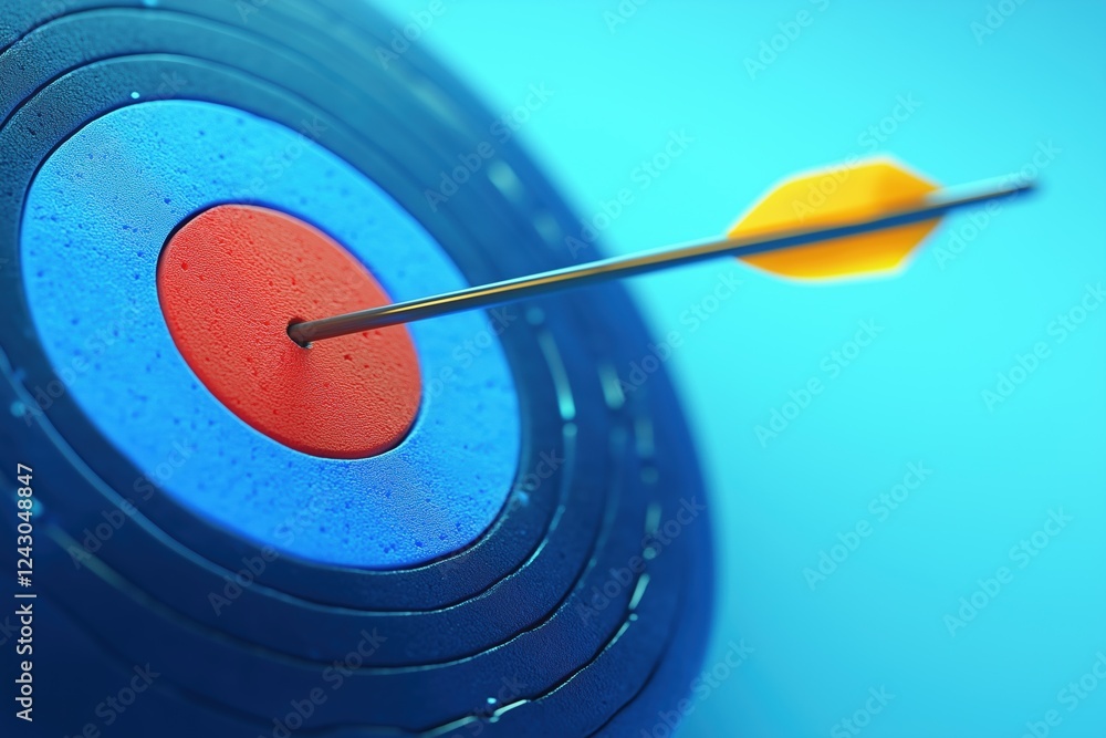 Poster a close-up of a dartboard with an arrow striking the bullseye, showcasing vibrant colors and texture