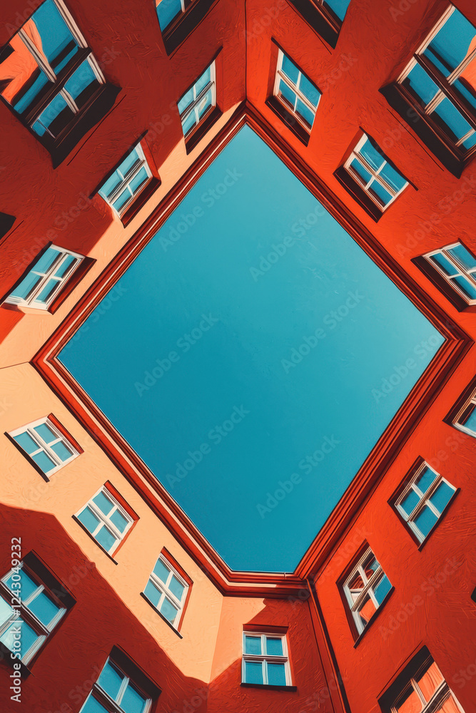 Poster exploring geometric perspectives: a captivating view of modern architecture from a dramatic courtyar