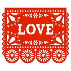 Love - Papel Picado vector design for Valentine's Day with heart and flowers - greeting card
