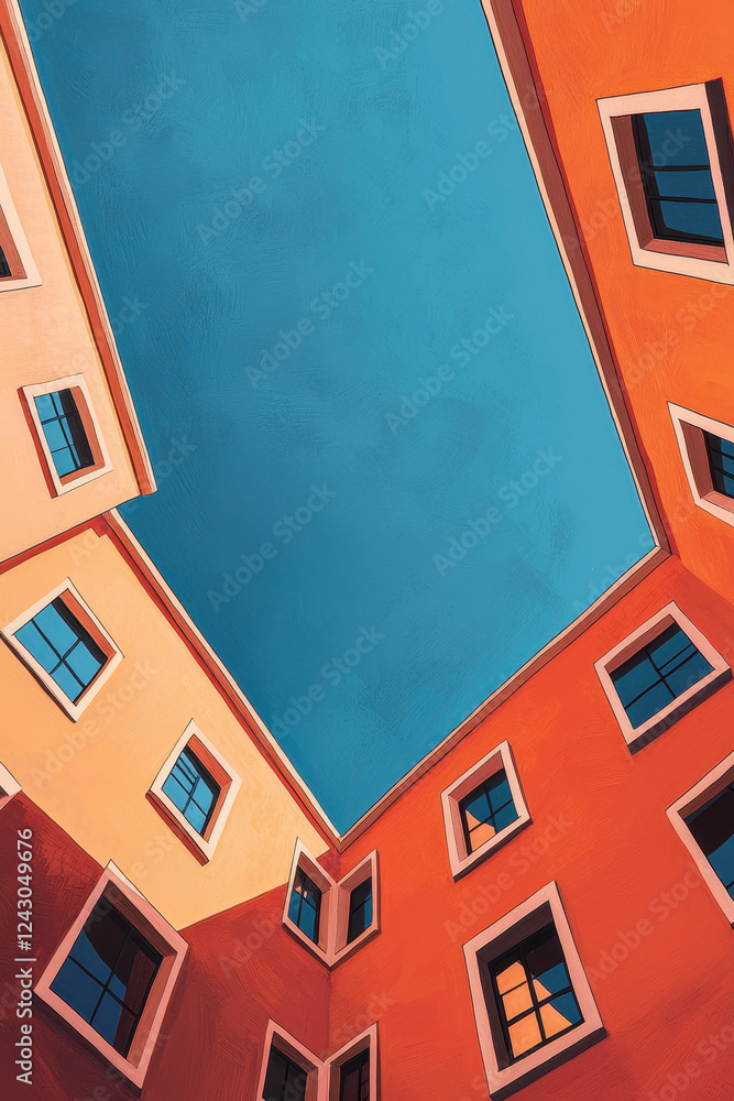 Poster dynamic perspective of modern architecture with vibrant sky and angular facades in urban setting