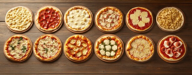 Panoramic view of various pizza and pasta dishes on a dark wooden background with copy space, from a top-down perspective. 