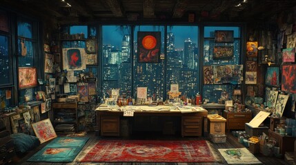 Artist's studio at night, overlooking city skyline.