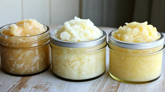 Natural body butters displayed in glass jars on a wooden surface at a cozy home studio