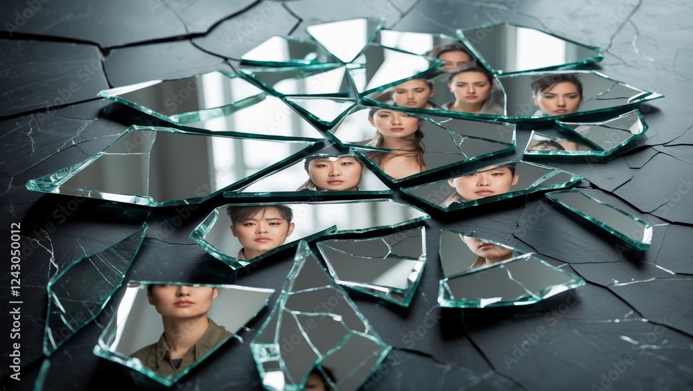 Poster shattered reflections convey emotion and self-perception in artistic display capturing diverse faces