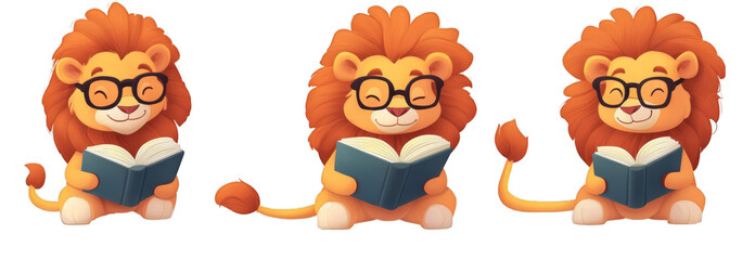 Obraz premium Cute Lion Reading a Book: Adorable Illustration of a Lion with Glasses Enjoying Literature