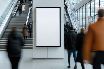 Blank vertical billboard in a busy public space with people walking by