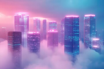 Fototapeta premium futuristic metropolis floating among cloud layers, crystalline skyscrapers, hover vehicles, bioluminescent architecture, cyberpunk atmosphere
