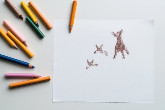 Colorful pencils surrounding animal sketch artwork