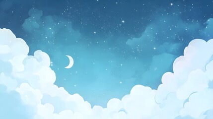 A cute cartoon illustration of white stars and clouds on a blue sky background
