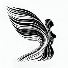 Obraz premium Stylized black and white silhouette of a woman with flowing hair and angel wings