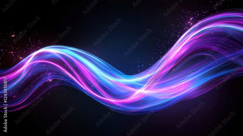 Poster abstract wave of glowing purple and blue particles on a black background. the particles create a dyn