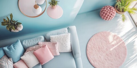 Pastel Living Room Decor with Plush Sofa and Plants