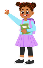 Happy Little girl American - African Holding Book and Carrying Backpack to go to School. PNG Hand Drawing Illustration.