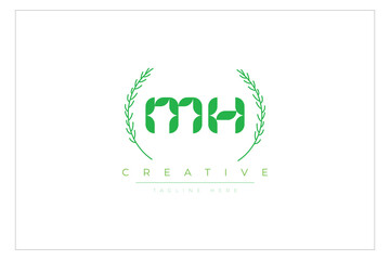 MH letters eco logo with leaf. Fresh nature and healthy leaf logo design.