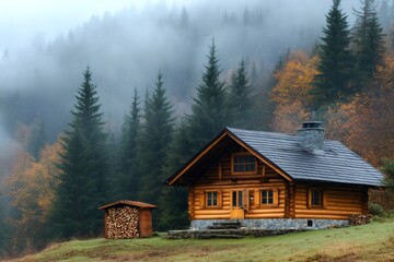 Cozy wooden cabin nestled in a misty autumn forest