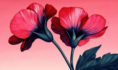 Vibrant Botanical Illustration of Red and Pink Flowers in Bloom with Lush Green Leaves on a Soft Pink Gradient Background