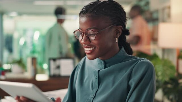 Tablet, happy and black woman in office with research for company event planning with budget. Digital technology, browsing and project coordinator reading online finance report for business occasion