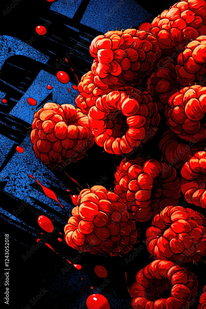 Poster dynamic and vibrant raspberry illustration with bold red hues and artistic splash patterns on a blue