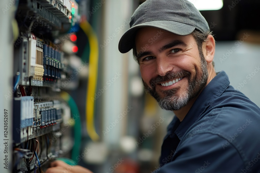 Poster Electrician smiling and working on a fuse box in a factory