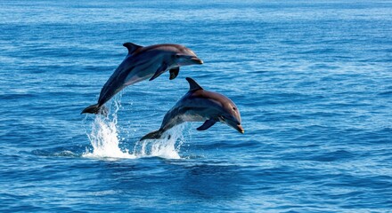 Two dolphins jumping in blue ocean water