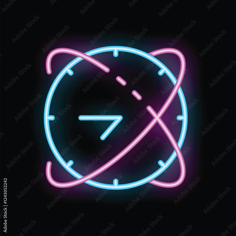 Poster neon sign illustrating the concept of time passing by with a clock and two arrows forming a circular