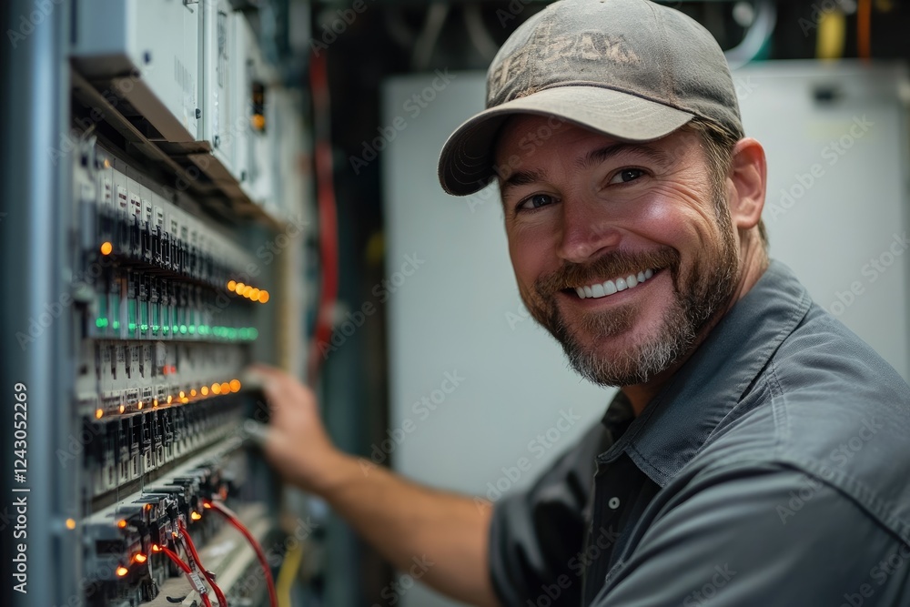 Poster Technician smiling and working on electrical panel control box