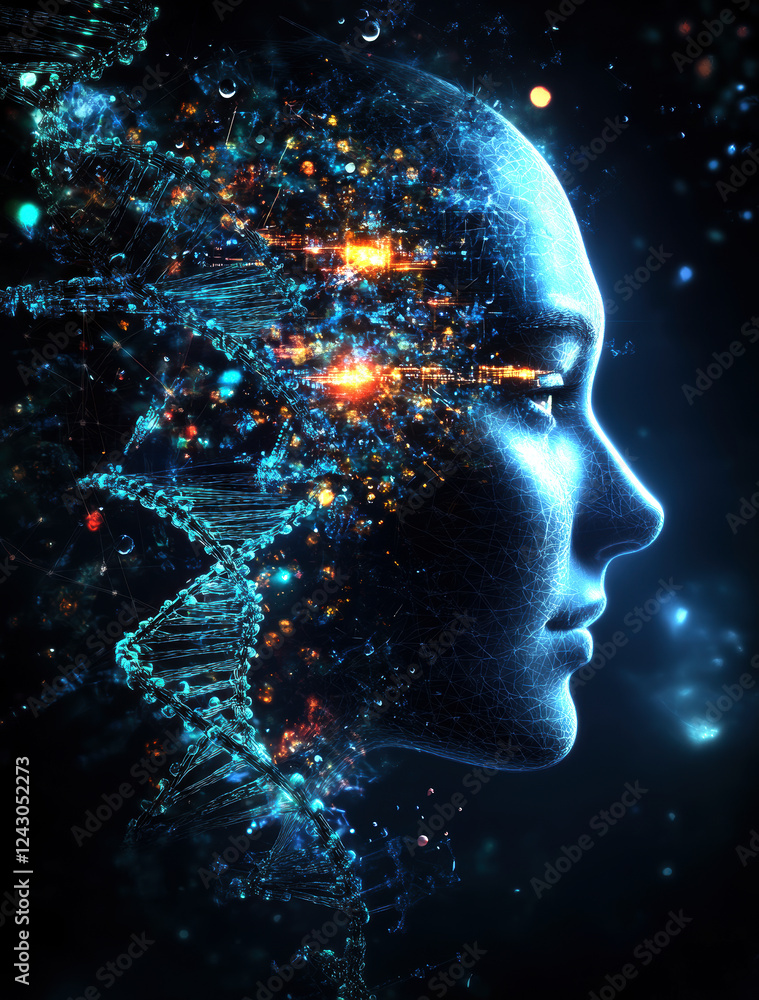 Poster a fascinating visualization where a human silhouette merges with vibrant dna strands and cosmic elem