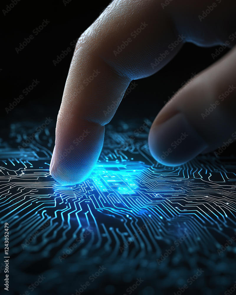 Poster a close-up of a human finger poised above an illuminated circuit board, symbolizing the intersection