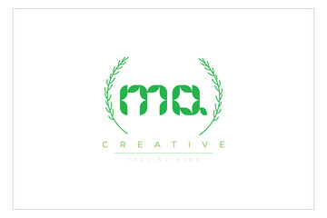 MQ letters eco logo with leaf. Fresh nature and healthy leaf logo design.