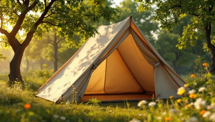 Serene Camping Tent in a Lush Green Meadow bathed in Golden Sunlight