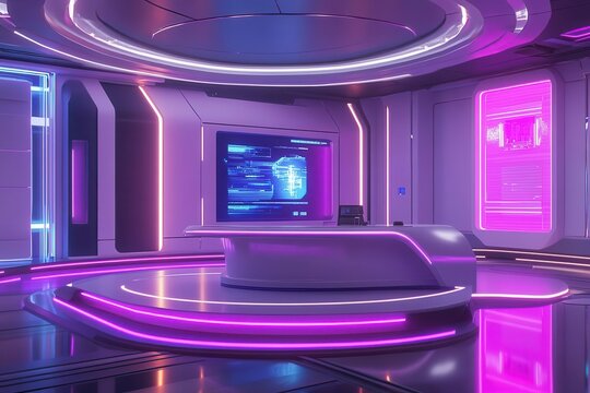 futuristic news studio with curved led walls, floating holographic displays, and sleek minimalist anchor desk, illuminated by dynamic lighting effects