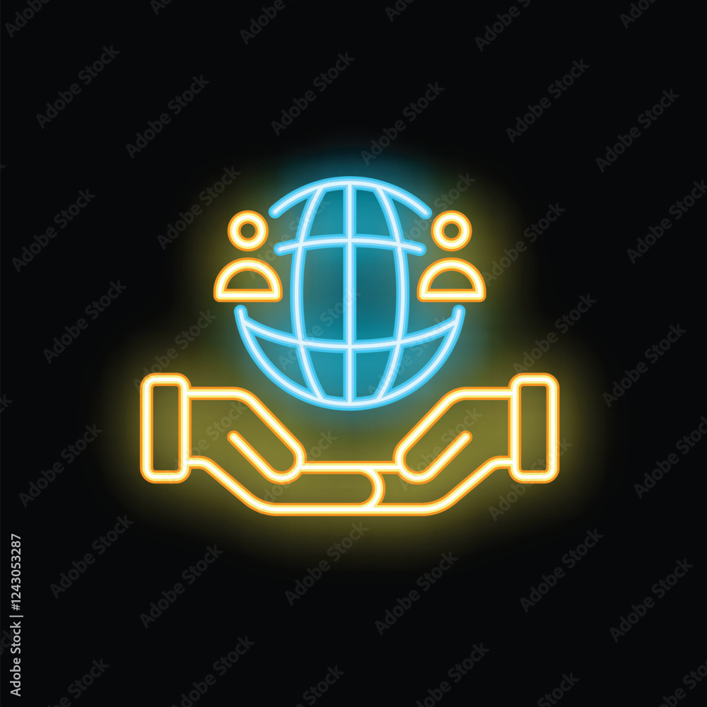 Poster neon style icon of two hands holding a globe with two people, representing the concept of global com