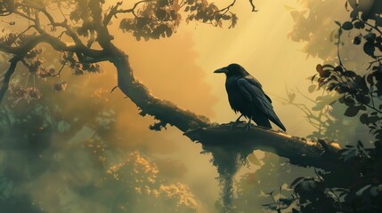 A lone crow perched on a tree branch, its glossy black feathers glistening in the early morning sunlight, with a soft breeze in the air. --ar 169 --v 6.0 - Upscaled (Subtle) by @feroz (relaxed)
