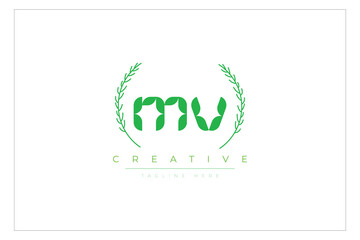 MV letters eco logo with leaf. Fresh nature and healthy leaf logo design.