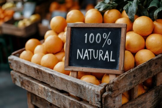 Fresh oranges in wooden crate with 100 percent natural sign at farmers market