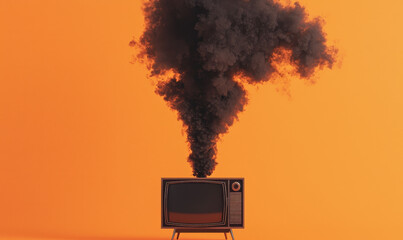 Dramatic Scene of Vintage TV Emitting Smoke Illustrating Environmental Pollution and Social Impact on Modern Technology