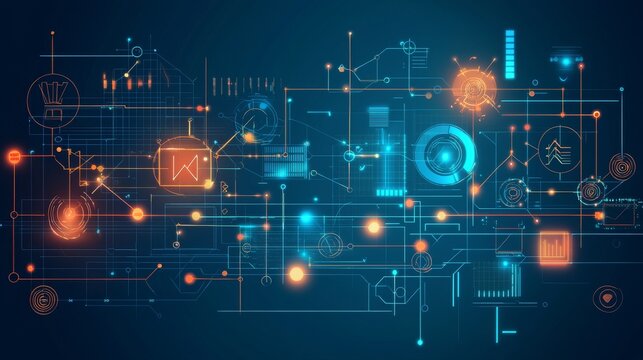 A conceptual technological backdrop featuring diverse tech components.