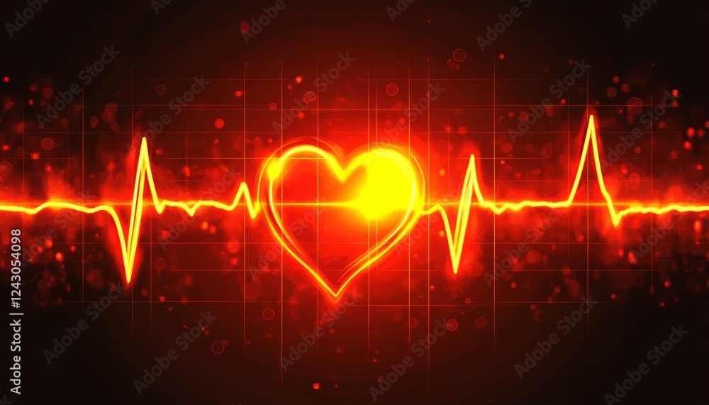 Poster dynamic heart monitor with red line tracing heartbeat, detailed grid and intense yellow light