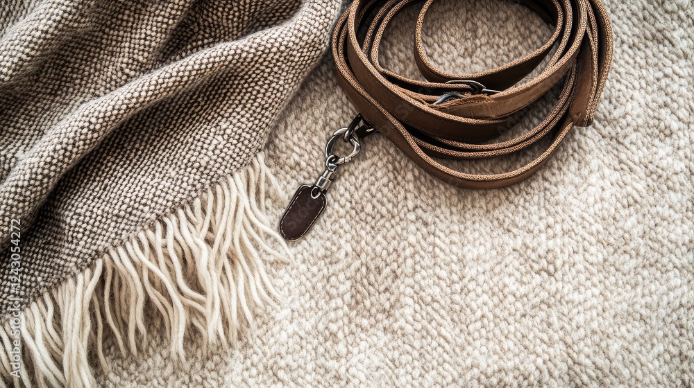 Poster a dog toy and leash resting on a soft blanket, surrounded by clear space for product or text placeme